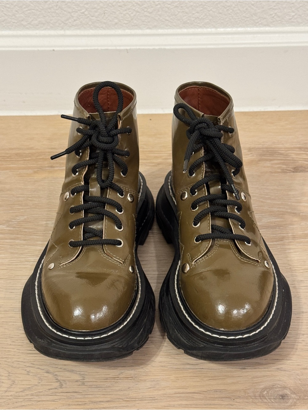 Alexander McQueen Olive Green Patent Combat Boots with Black Soles